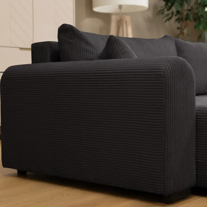 Divano letto angolare reversibile 4 posti 285x188cm con contenitore tessuto velluto a coste nero Soft