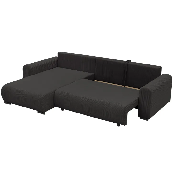 Divano letto angolare reversibile 4 posti 285x188cm con contenitore tessuto velluto a coste nero Soft