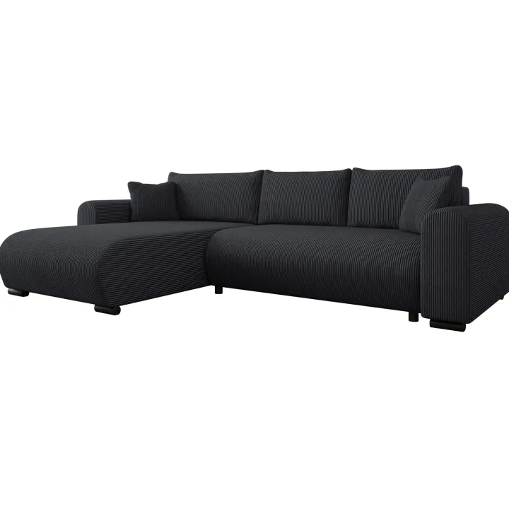 Divano letto angolare reversibile 4 posti 285x188cm con contenitore tessuto velluto a coste nero Soft