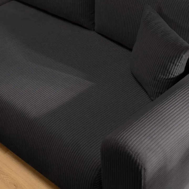 Divano letto angolare reversibile 4 posti 285x188cm con contenitore tessuto velluto a coste nero Soft