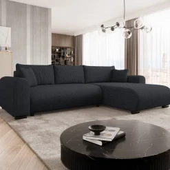 Divano letto angolare reversibile 4 posti 285x188cm con contenitore tessuto velluto a coste nero Soft