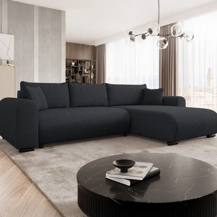 Divano letto angolare reversibile 4 posti 285x188cm con contenitore tessuto velluto a coste nero Soft