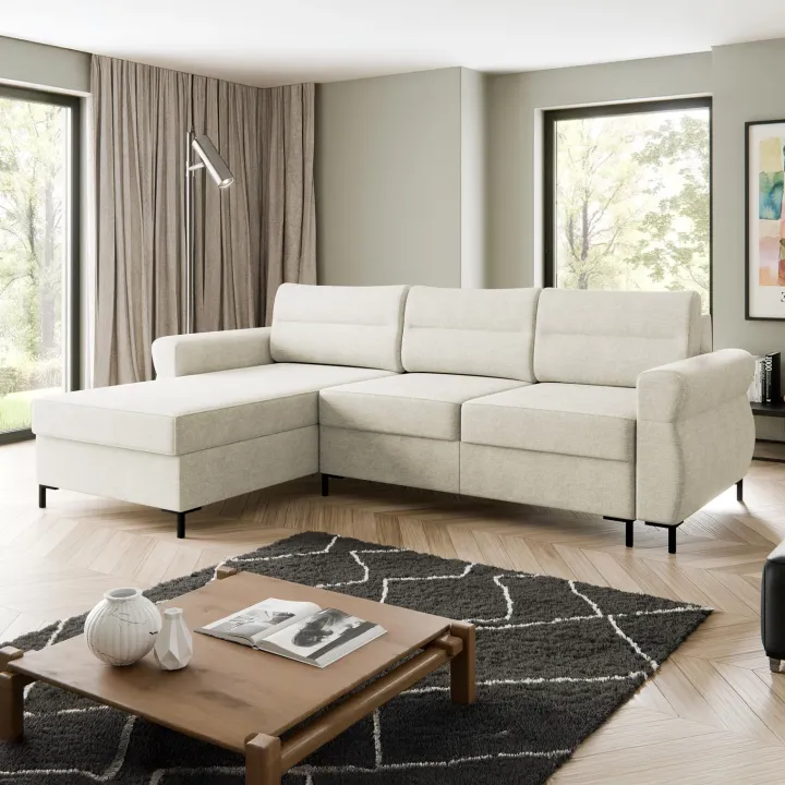 Divano letto angolare reversibile 3 posti 258x170 cm con box contenitore imbottito beige chiaro nero Velissa