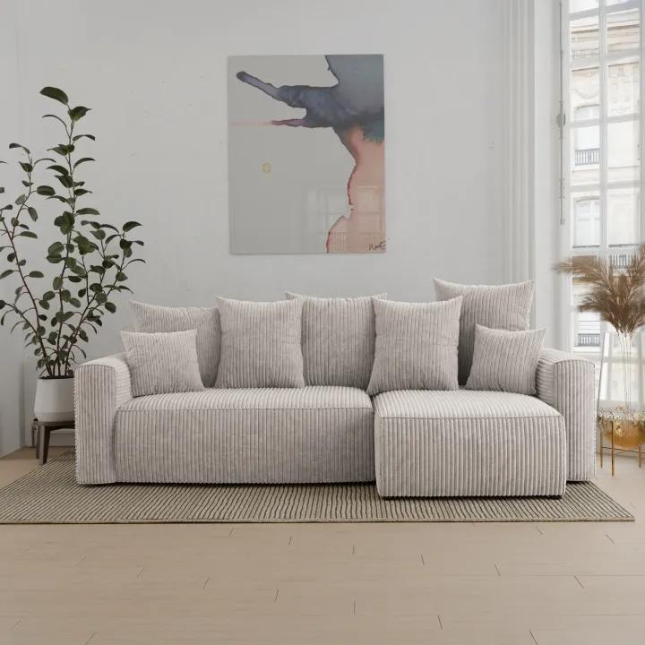 Divano letto angolare reversibile 238x142cm velluto a coste beige Scintilla
