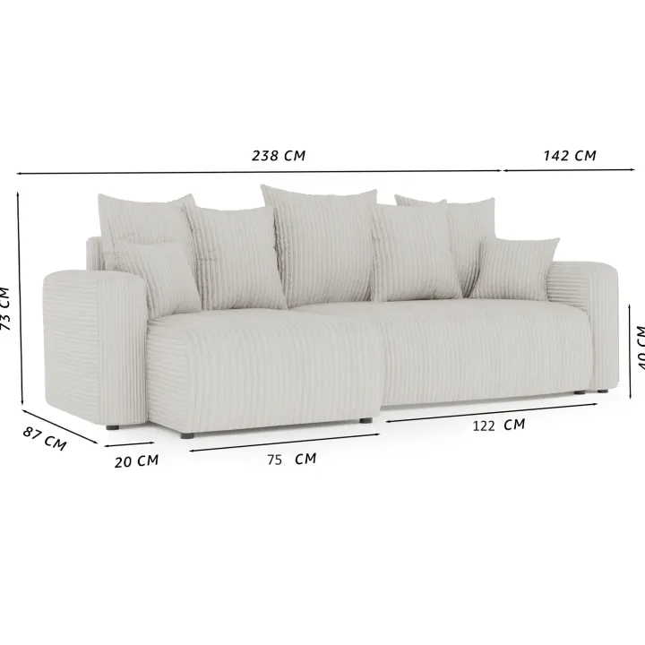 Divano letto angolare reversibile 238x142cm velluto a coste beige Scintilla
