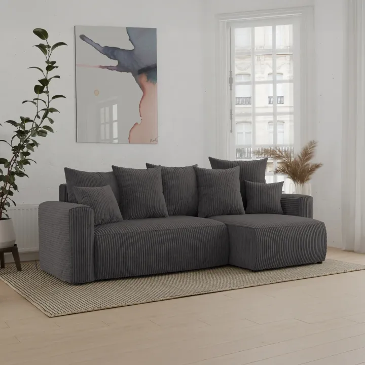 Divano letto angolare reversibile 238x142cm velluto a coste antracite Scintilla
