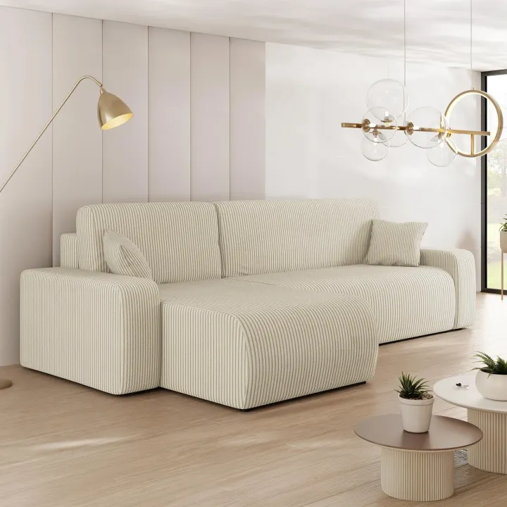 Divano letto angolare reversibile 3 posti 244x145cm con contenitore a coste beige Slurp