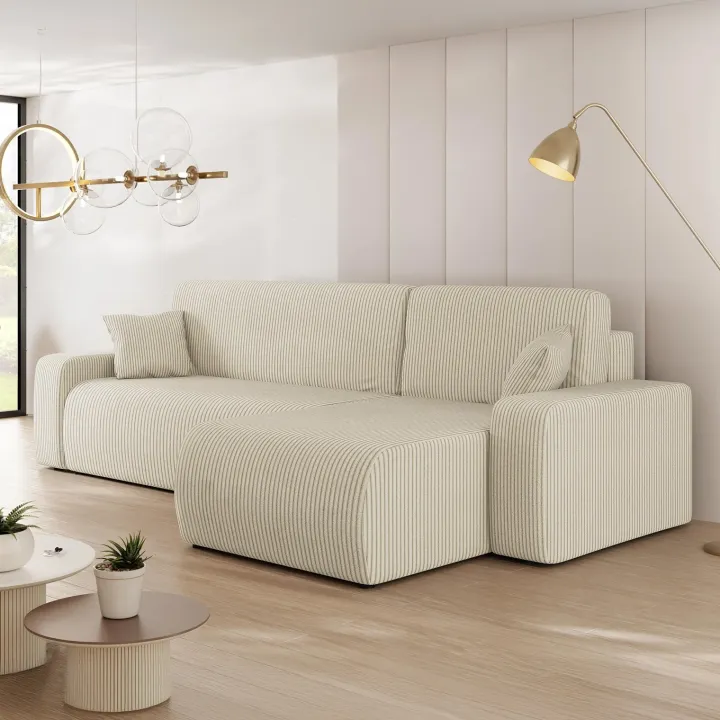 Divano letto angolare reversibile 3 posti 244x145cm con contenitore a coste beige Slurp