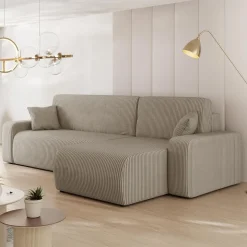Divano letto angolare reversibile 3 posti 244x145cm con contenitore a coste tortora Slurp