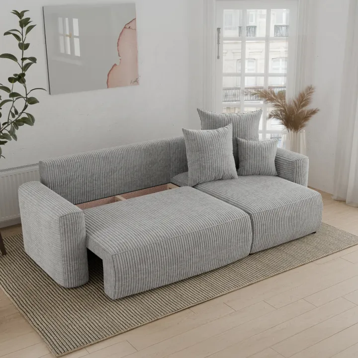 Divano letto angolare reversibile 238x142cm velluto a coste grigio chiaro Scintilla