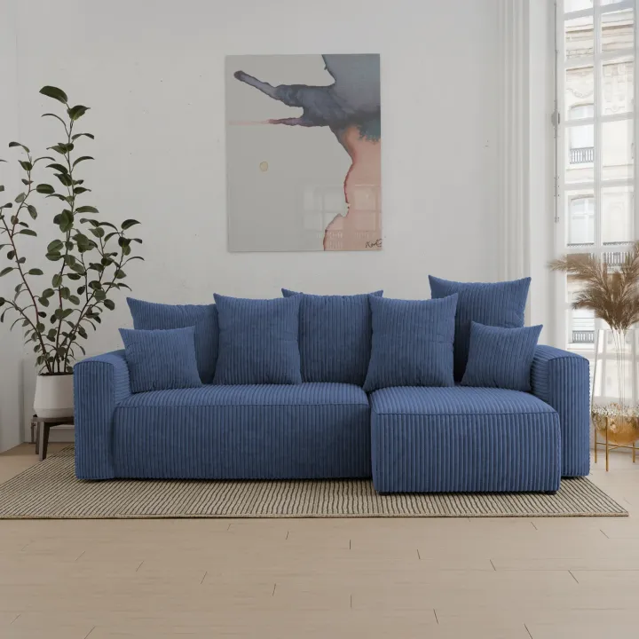 Divano letto angolare reversibile 238x142cm velluto a coste blu Scintilla