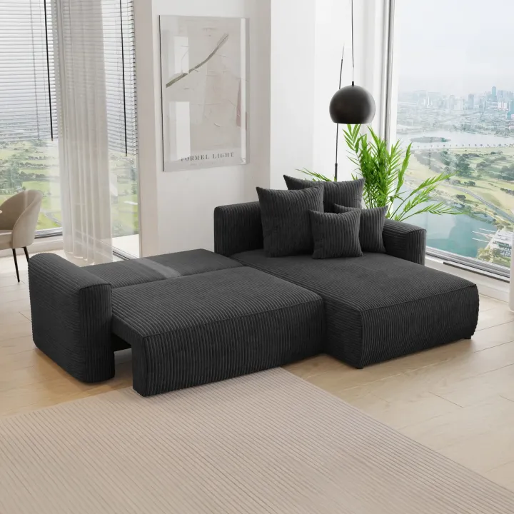 Divano letto angolare reversibile 260x160cm velluto a coste nero Scintilla