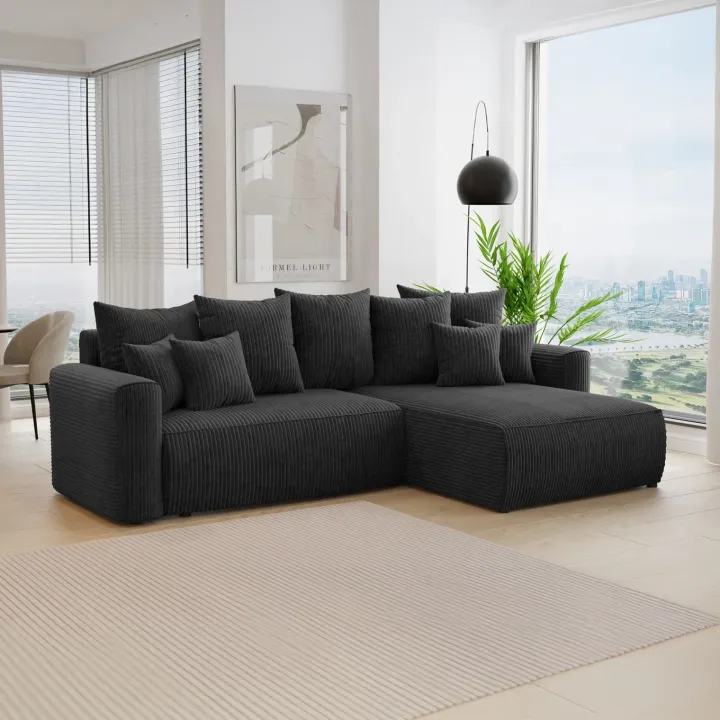 Divano letto angolare reversibile 260x160cm velluto a coste nero Scintilla