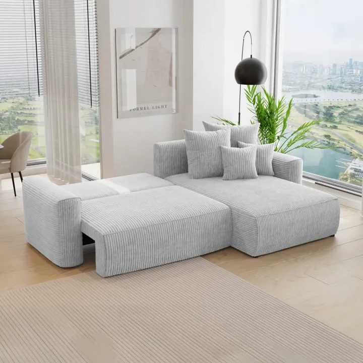 Divano letto angolare reversibile 260x160cm velluto a coste grigio chiaro Scintilla