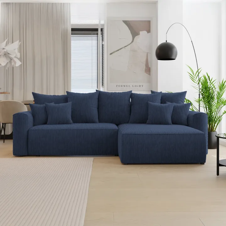 Divano letto angolare reversibile 260x160cm velluto a coste blu Scintilla