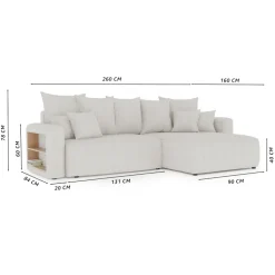 Divano letto angolare reversibile 260x160cm velluto a coste con libreria a sinistra beige Mistery
