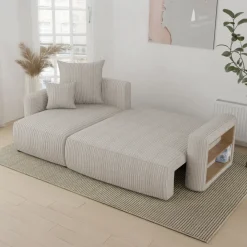 Divano letto angolare reversibile 238x142cm velluto a coste con libreria a destra beige Mistery