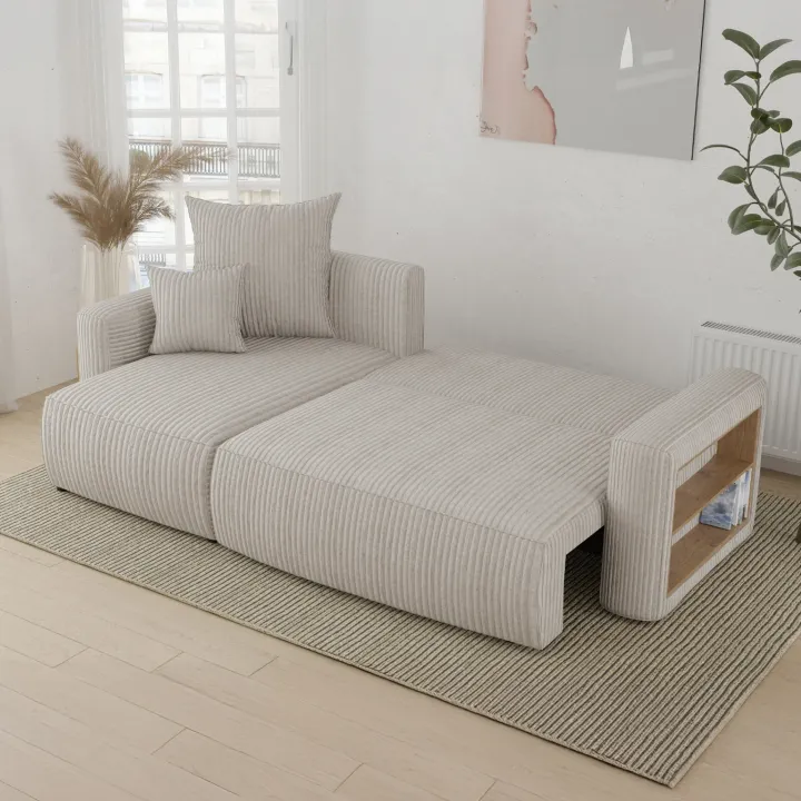 Divano letto angolare reversibile 238x142cm velluto a coste con libreria a destra beige Mistery