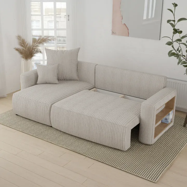 Divano letto angolare reversibile 238x142cm velluto a coste con libreria a destra beige Mistery