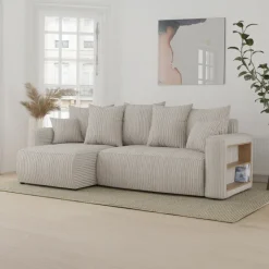 Divano letto angolare reversibile 238x142cm velluto a coste con libreria a destra beige Mistery