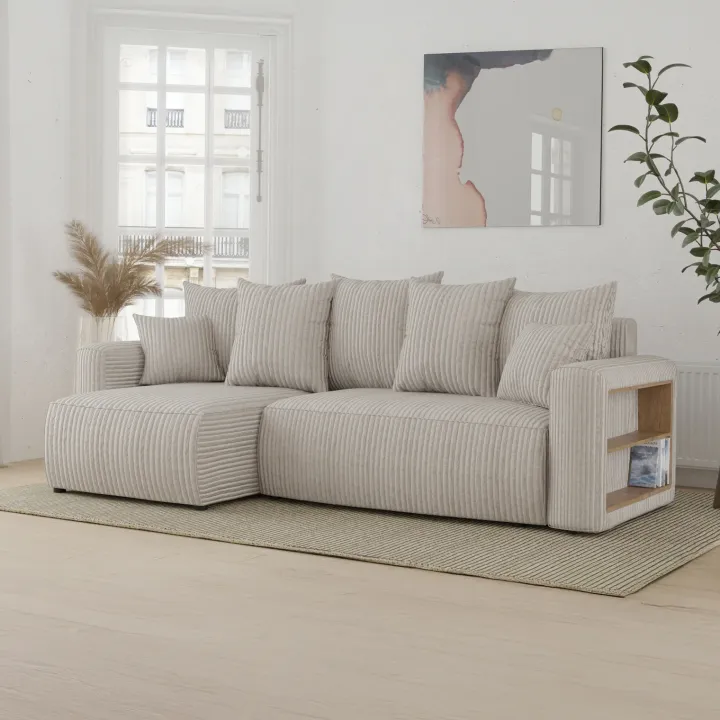 Divano letto angolare reversibile 238x142cm velluto a coste con libreria a destra beige Mistery