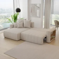 Divano letto angolare reversibile 260x160cm velluto a coste con libreria a destra beige Mistery