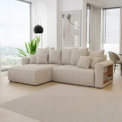 Divano letto angolare reversibile 260x160cm velluto a coste con libreria a destra beige Mistery