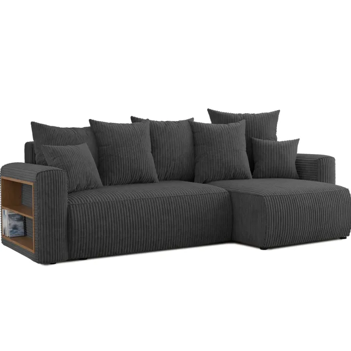 Divano letto angolare reversibile 238x142cm velluto a coste con libreria a sinistra antracite Mistery
