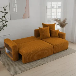 Divano letto angolare reversibile 238x142cm velluto a coste con libreria a sinistra giallo senape Mistery