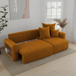 Divano letto angolare reversibile 238x142cm velluto a coste con libreria a sinistra giallo senape Mistery