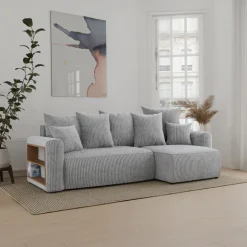 Divano letto angolare reversibile 238x142cm velluto a coste con libreria a sinistra grigio chiaro Mistery