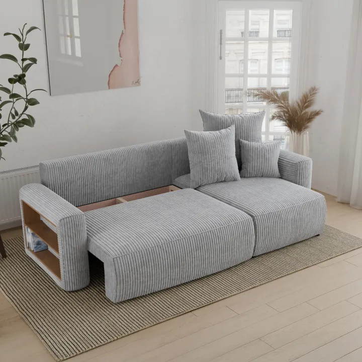 Divano letto angolare reversibile 238x142cm velluto a coste con libreria a sinistra grigio chiaro Mistery