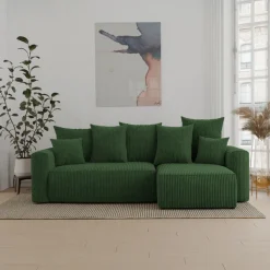 Divano letto angolare reversibile 238x142cm velluto a coste con libreria a sinistra verde scuro Mistery