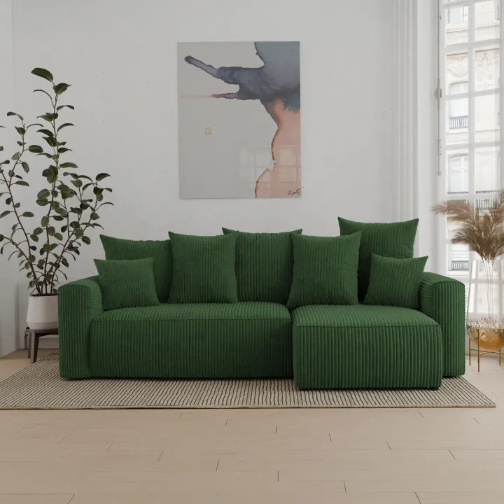 Divano letto angolare reversibile 238x142cm velluto a coste con libreria a sinistra verde scuro Mistery