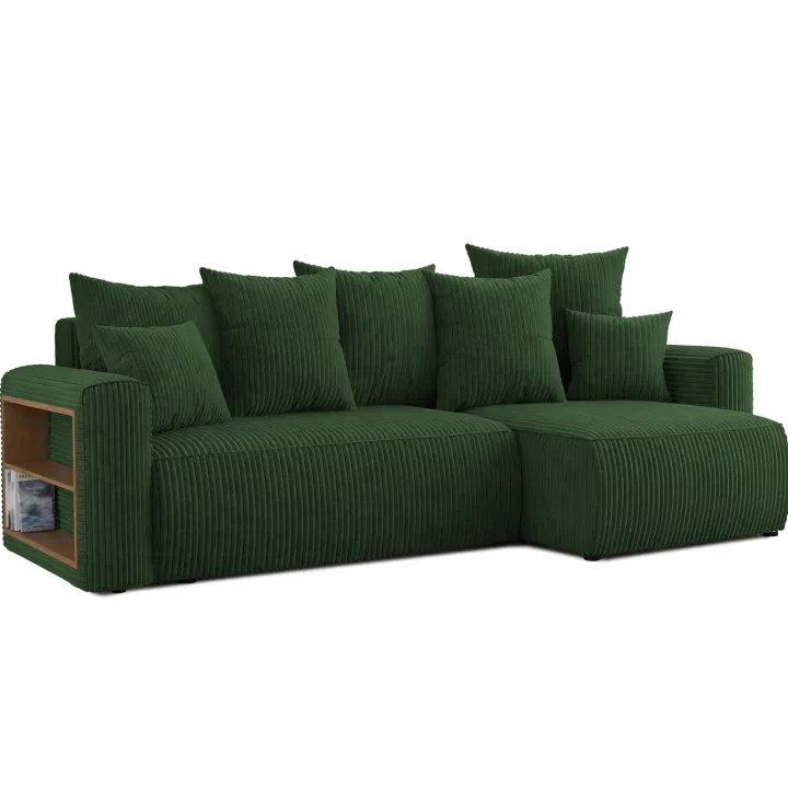 Divano letto angolare reversibile 238x142cm velluto a coste con libreria a sinistra verde scuro Mistery
