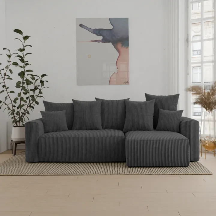 Divano letto angolare reversibile 238x142cm velluto a coste con libreria a destra antracite Mistery