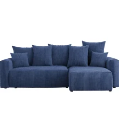 Divano letto angolare reversibile 238x142cm velluto a coste con libreria a destra blu Mistery