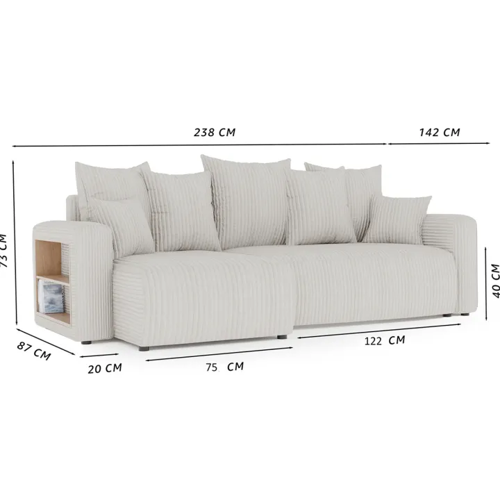 Divano letto angolare reversibile 238x142cm velluto a coste con libreria a destra blu Mistery