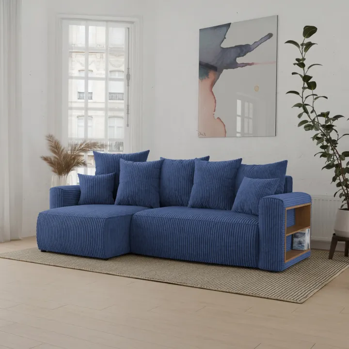 Divano letto angolare reversibile 238x142cm velluto a coste con libreria a destra blu Mistery
