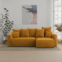 Divano letto angolare reversibile 238x142cm velluto a coste con libreria a destra giallo senape Mistery