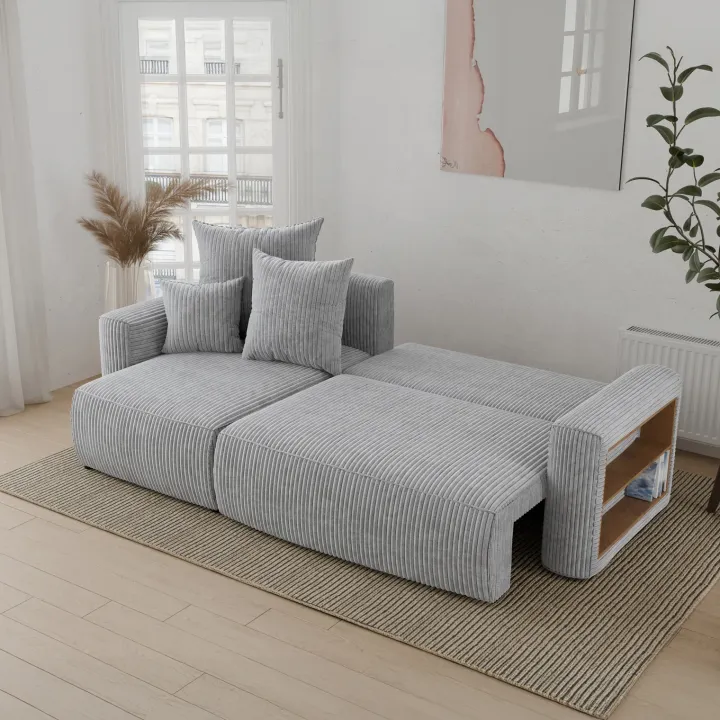 Divano letto angolare reversibile 238x142cm velluto a coste con libreria a destra grigio chiaro Mistery