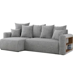 Divano letto angolare reversibile 238x142cm velluto a coste con libreria a destra grigio chiaro Mistery