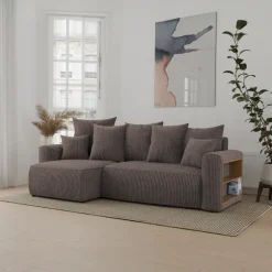 Divano letto angolare reversibile 238x142cm velluto a coste con libreria a destra marrone Mistery