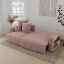 Divano letto angolare reversibile 238x142cm velluto a coste con libreria a destra rosa antico Mistery