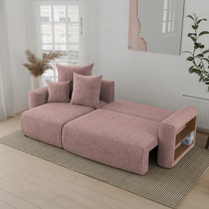 Divano letto angolare reversibile 238x142cm velluto a coste con libreria a destra rosa antico Mistery