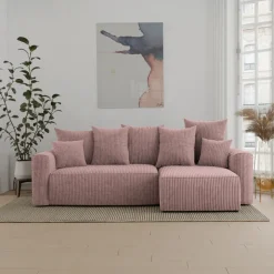 Divano letto angolare reversibile 238x142cm velluto a coste con libreria a destra rosa antico Mistery