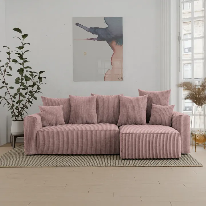 Divano letto angolare reversibile 238x142cm velluto a coste con libreria a destra rosa antico Mistery