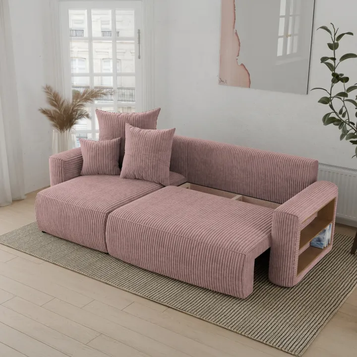 Divano letto angolare reversibile 238x142cm velluto a coste con libreria a destra rosa antico Mistery