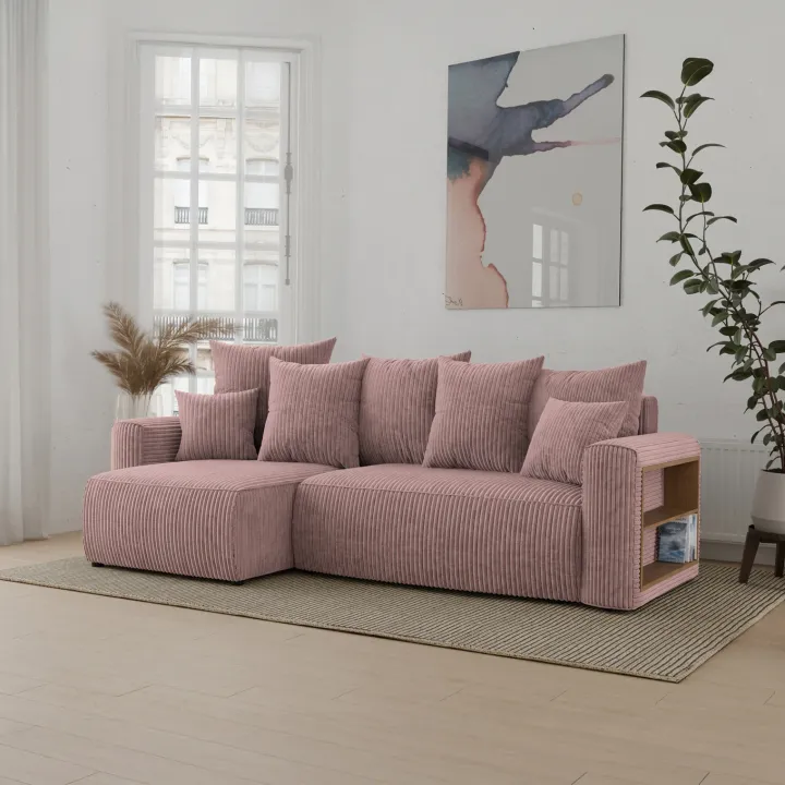 Divano letto angolare reversibile 238x142cm velluto a coste con libreria a destra rosa antico Mistery