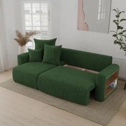 Divano letto angolare reversibile 238x142cm velluto a coste con libreria a destra verde scuro Mistery